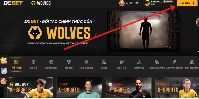 Chọn mục nạp tiền ngay tại trang chủ De bet